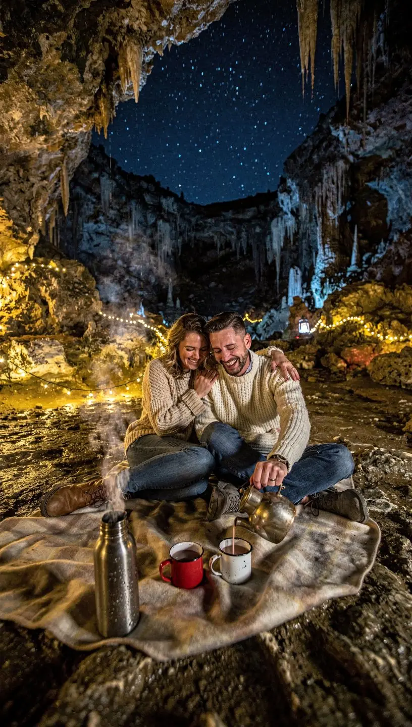 Visitors exploring a winding pathway through a breathtaking cave system with dramatic geological features.